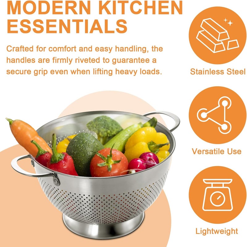 EWFEN Stainless Steel Colander for Kitchen | 5 Quart Durable Rice and Pasta Strainer with Handle | Oversized Handles | Nesting Design | Rust-Resistant & Dishwasher Safe - Image 3